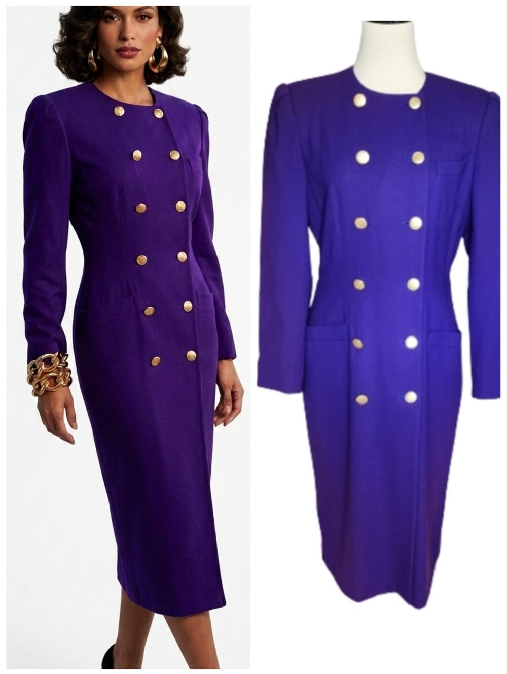 Vintage Kasper purple wool dress with gold buttons Women's size 8
